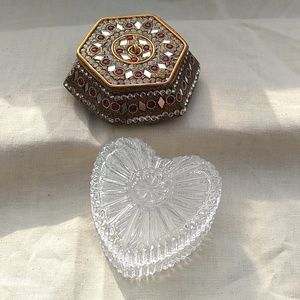 Vintage Trinket Boxes, Glass Heart, Bohemian Hexagon with lots of Bling